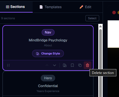 Section actions: duplicate, delete, change style, save as template