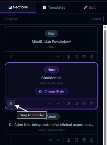Reordering sections by dragging