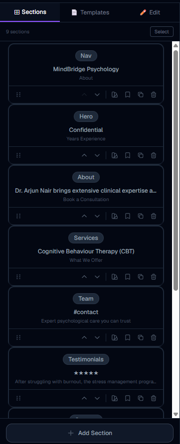 The section list (Sections tab)