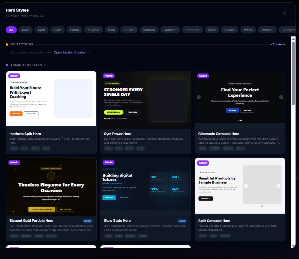 Changing a section's visual style (variant picker)